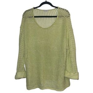 J. Jill Open Knit Linen Dolman Loose Fit Pullover Crochet Sweater in Chartreuse
